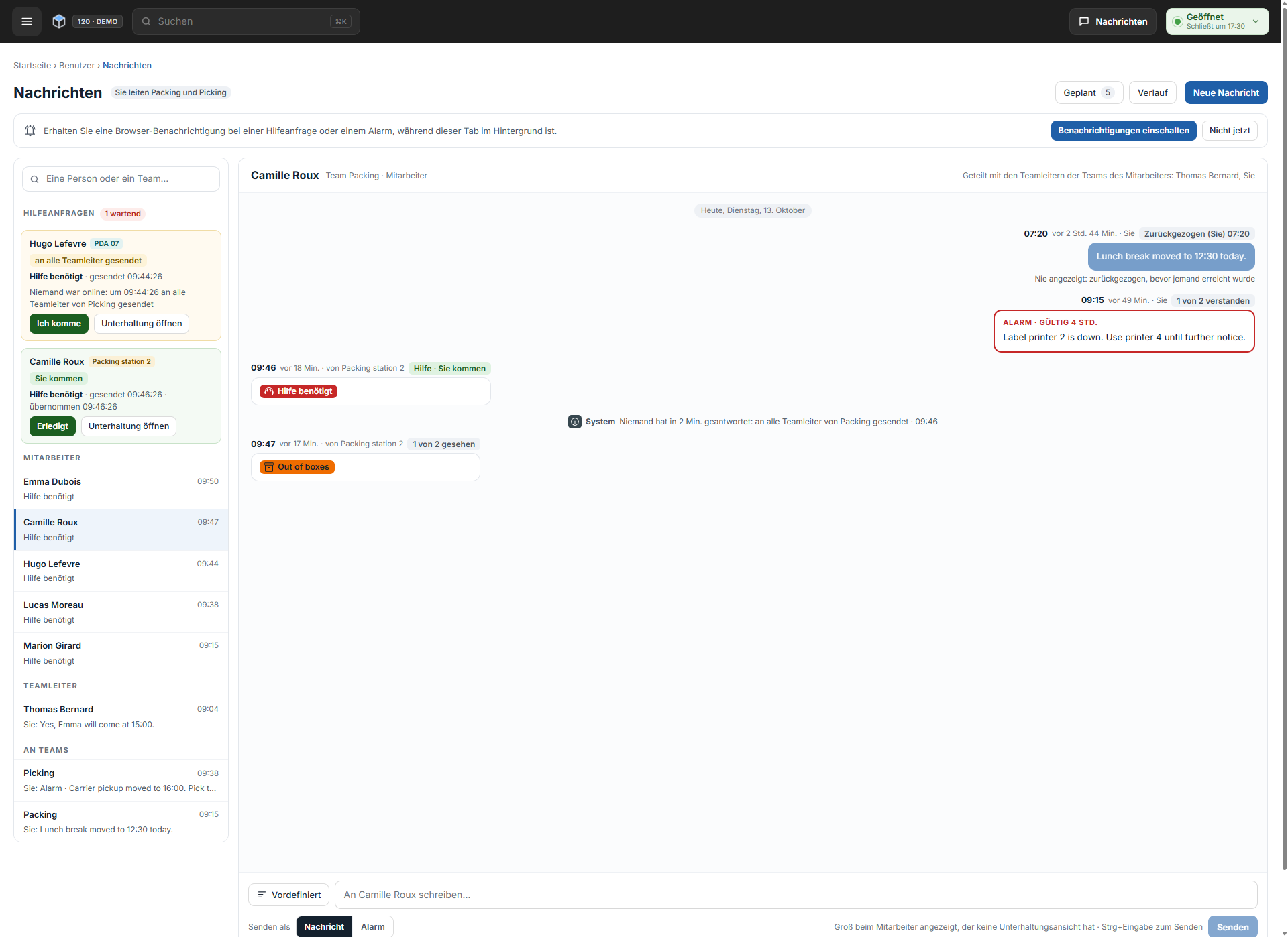 Die Seite Nachrichten mit Hilfeanfragen, Unterhaltungen mit Mitarbeitern, Teamleitern und Teams sowie einem Thread mit einem Alarm und seinem Zustellstatus