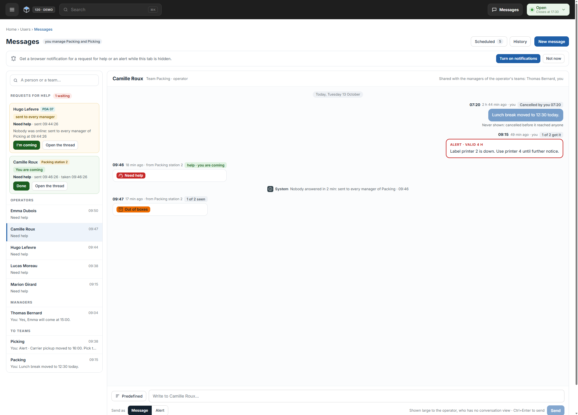 The Messages page with requests for help, conversations with operators, managers and teams, and a thread with an alert and its delivery status