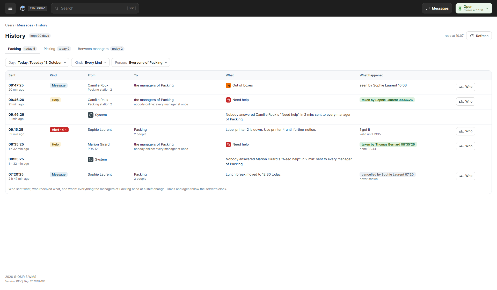 The History page for the Packing team, showing each message, alert and request for help with who sent it, who received it and what happened