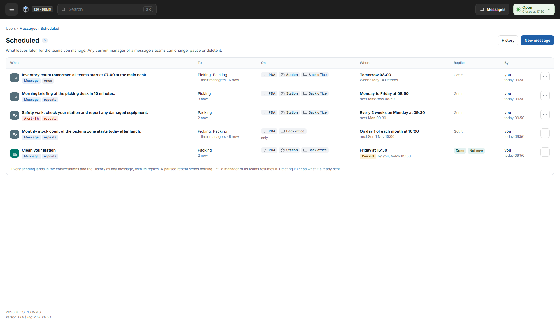 The Scheduled page listing messages sent once or on repeat, with their teams, devices, timing and replies