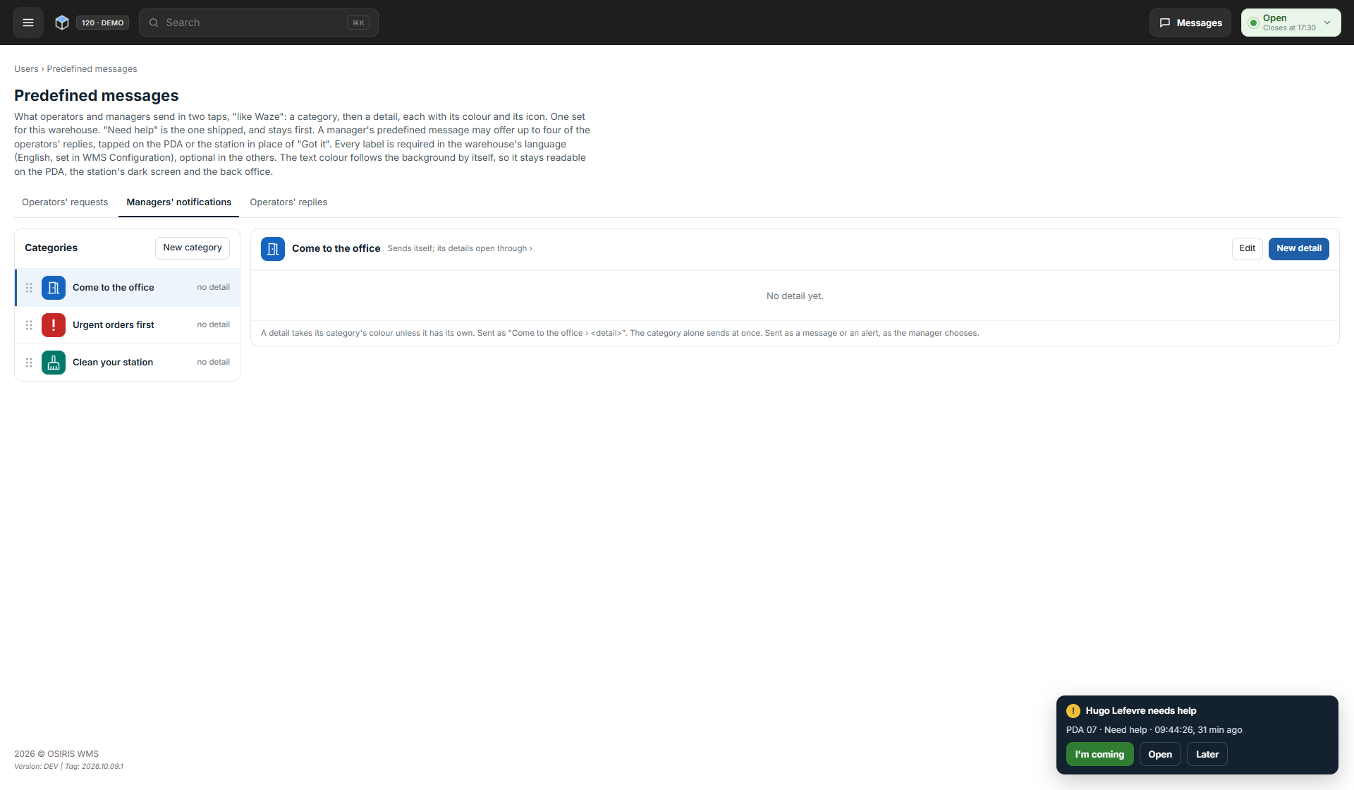 The Predefined messages page on the Managers' notifications tab, with the categories Come to the office, Urgent orders first and Clean your station