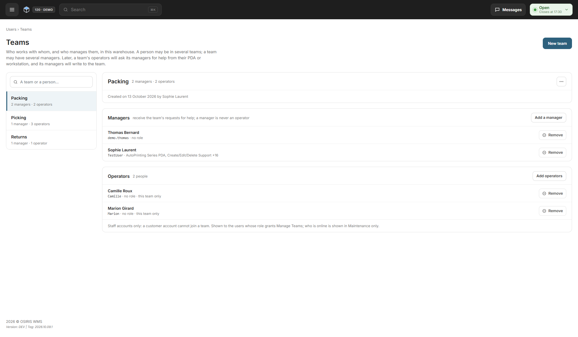 The Teams page showing the Packing team with its two managers, its two operators and the New team button