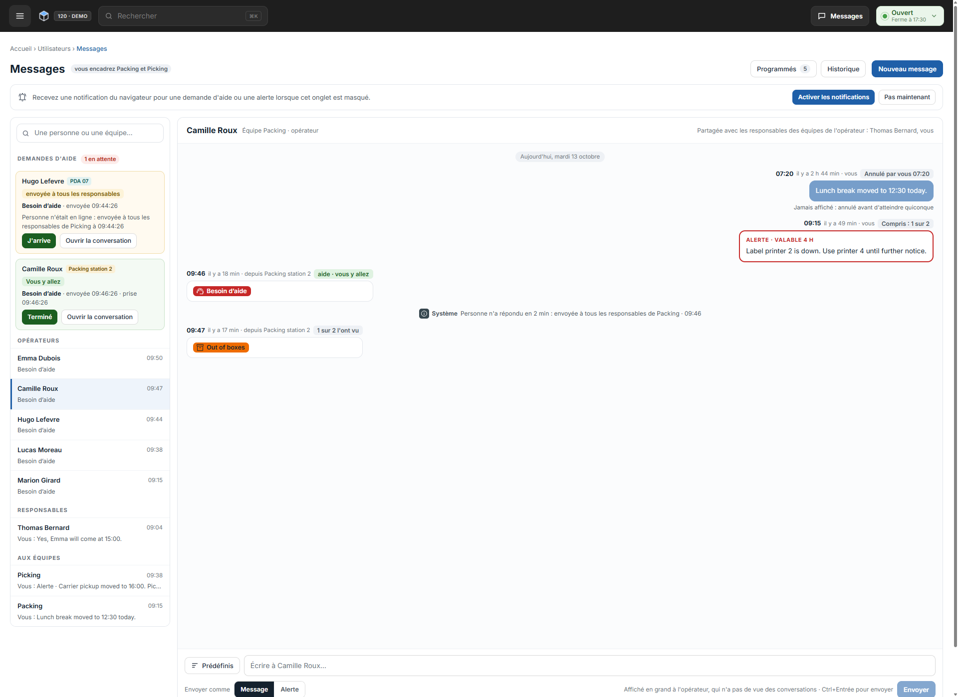 La page Messages avec les demandes d'aide, les conversations avec des opérateurs, des responsables et des équipes, et un fil contenant une alerte et son état de remise