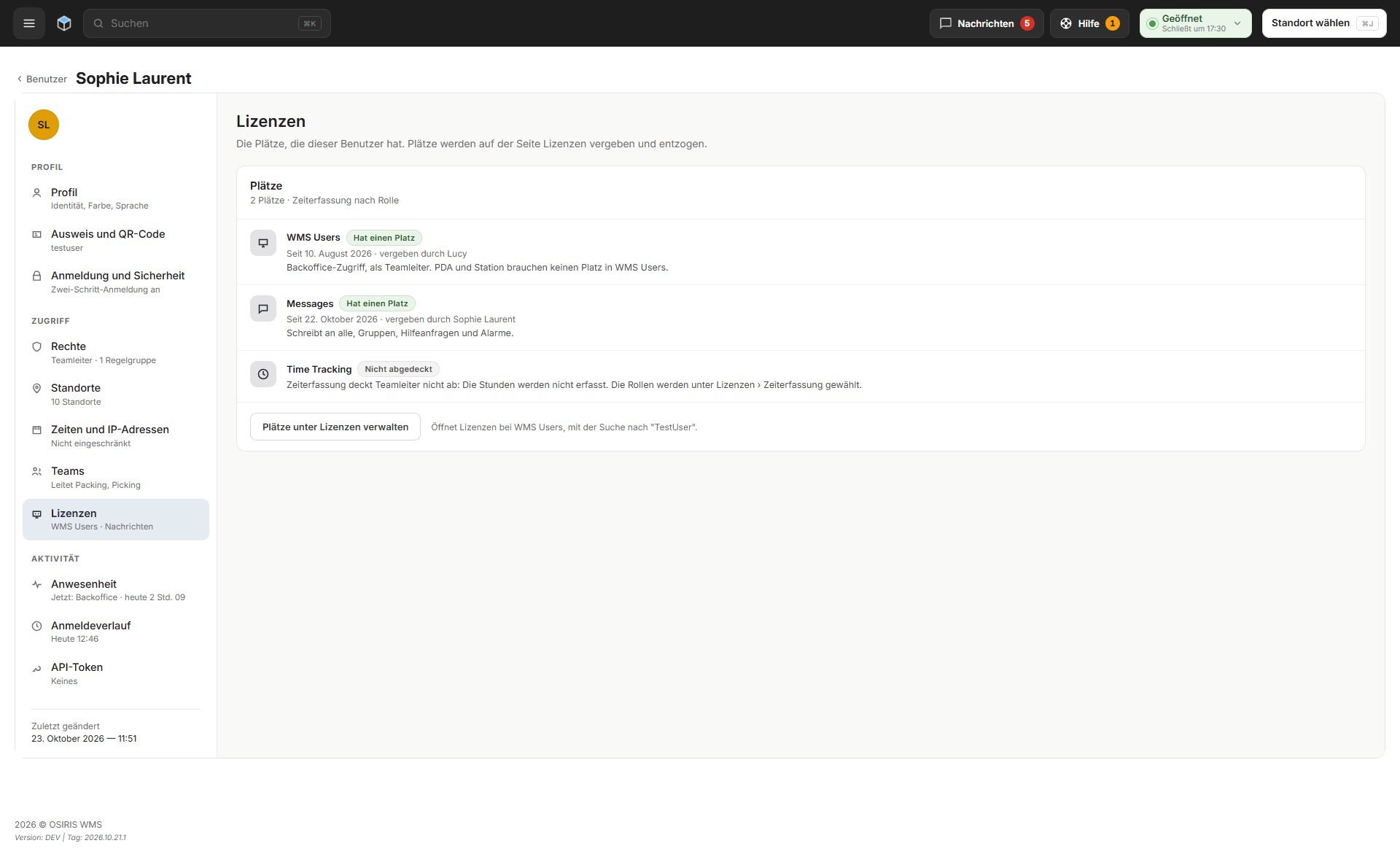 Der Bereich Lizenzen eines Benutzers mit den Plätzen WMS Users und Nachrichten