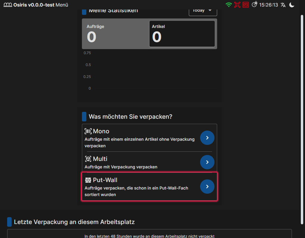 Die Startseite des Packarbeitsplatzes mit Mono, Multi und der neuen Option Put-Wall