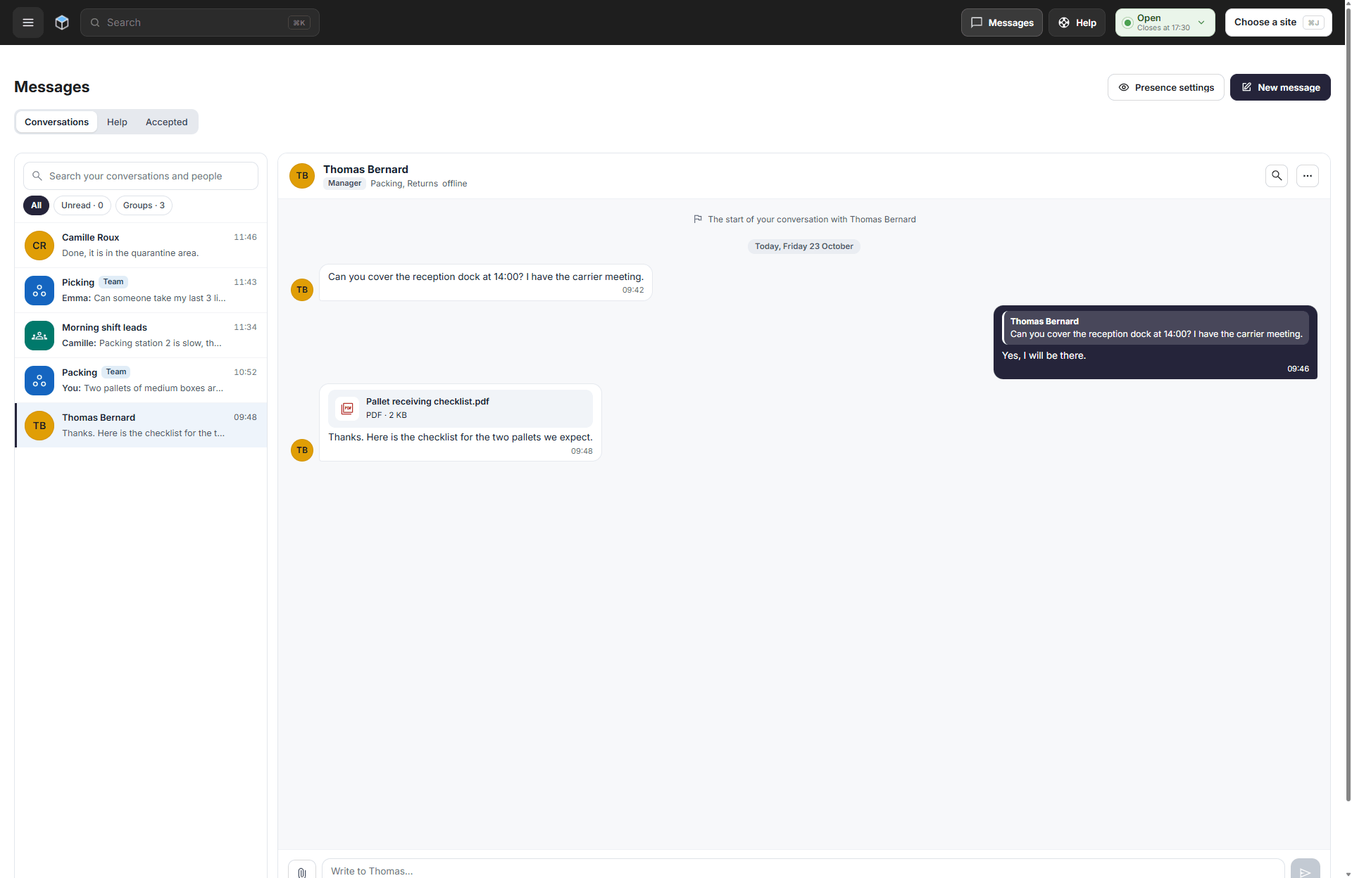A conversation where a manager replies to a message and receives a PDF checklist