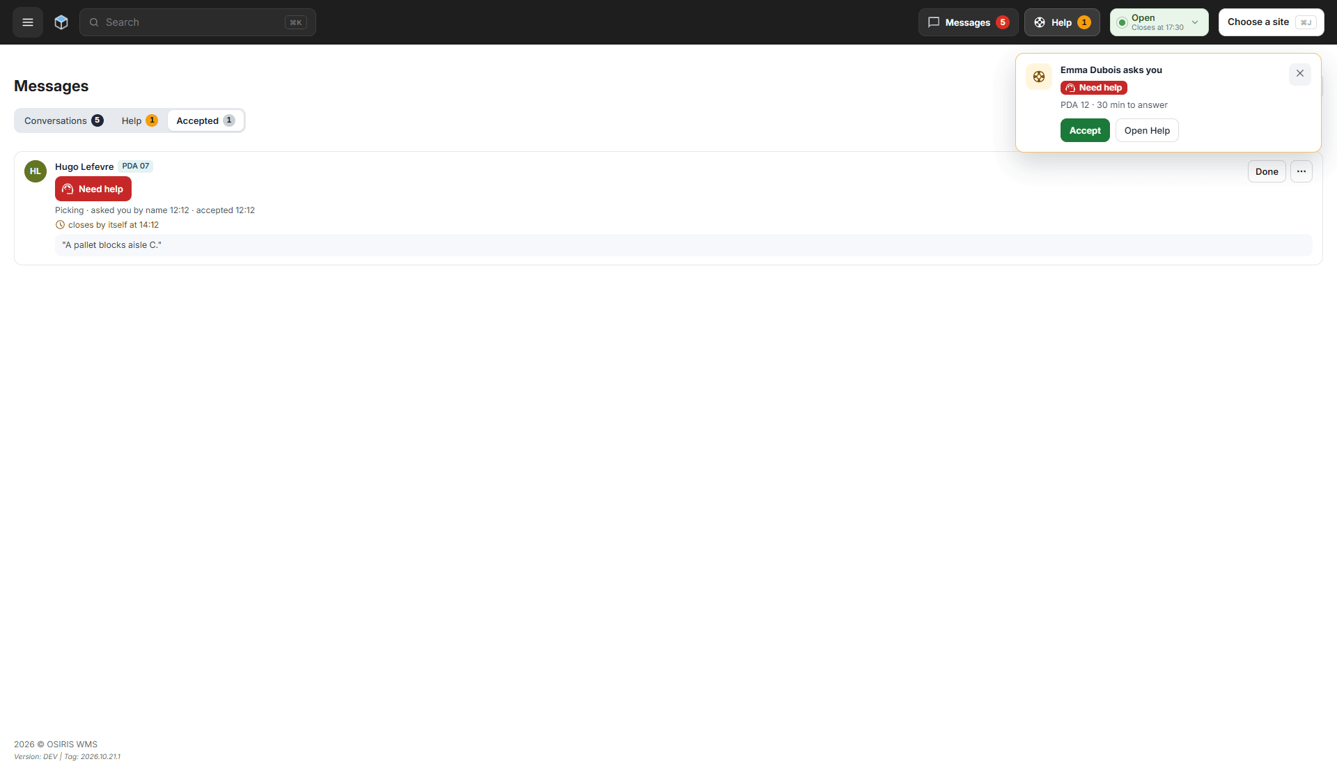 The Accepted tab with one accepted request, its time limit and the Done button