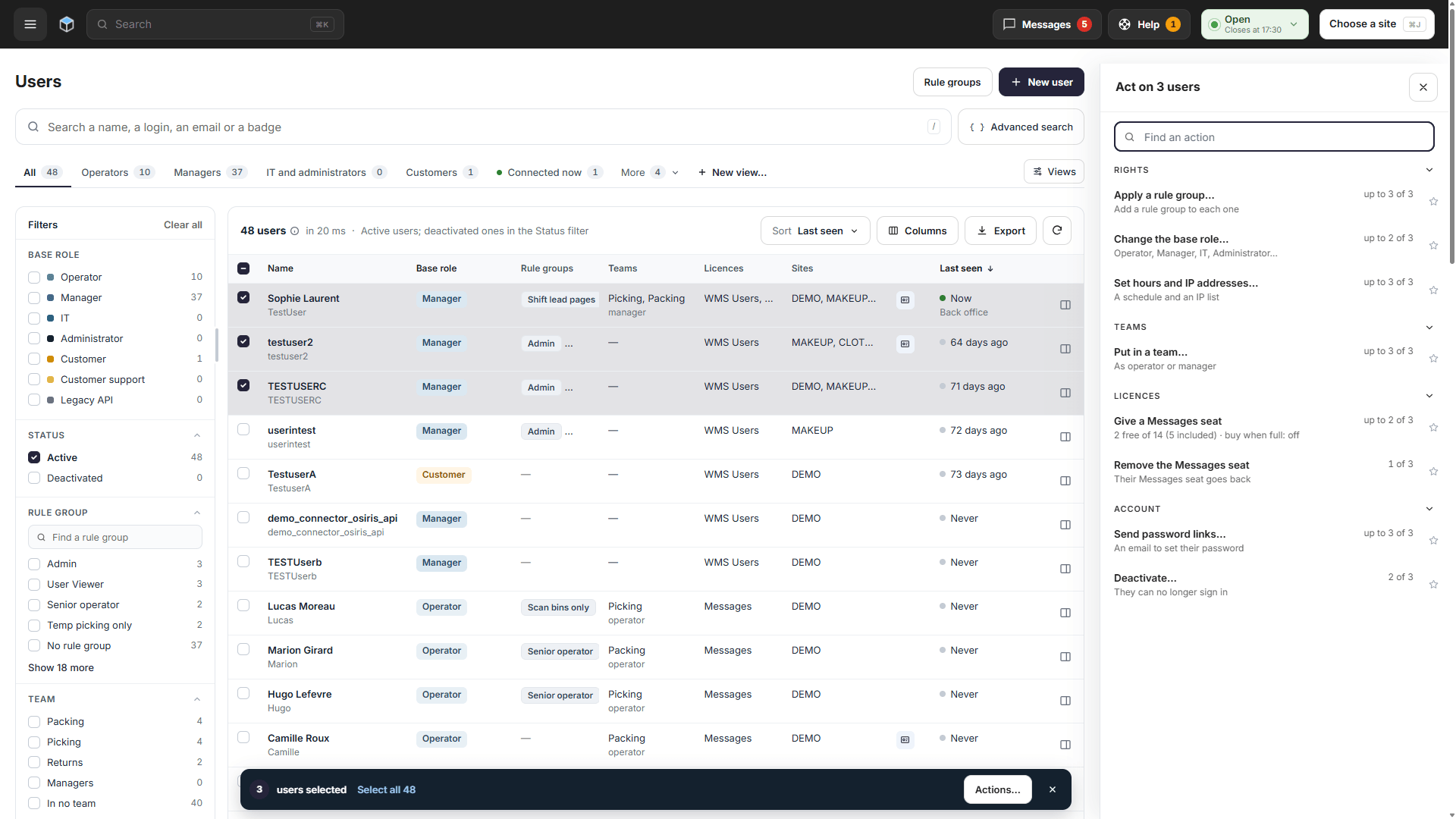 The new Users page with three users selected and the Act on 3 users panel