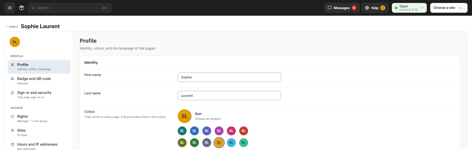 A user's Profile section with first and last name and a choice of colors