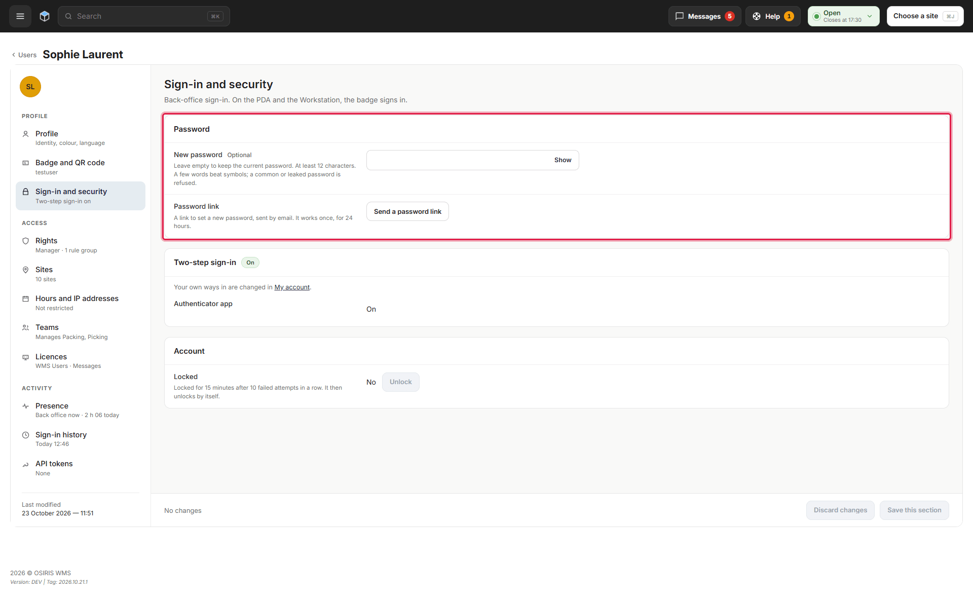A user's Sign-in and security section with the password, two-step sign-in and the lock