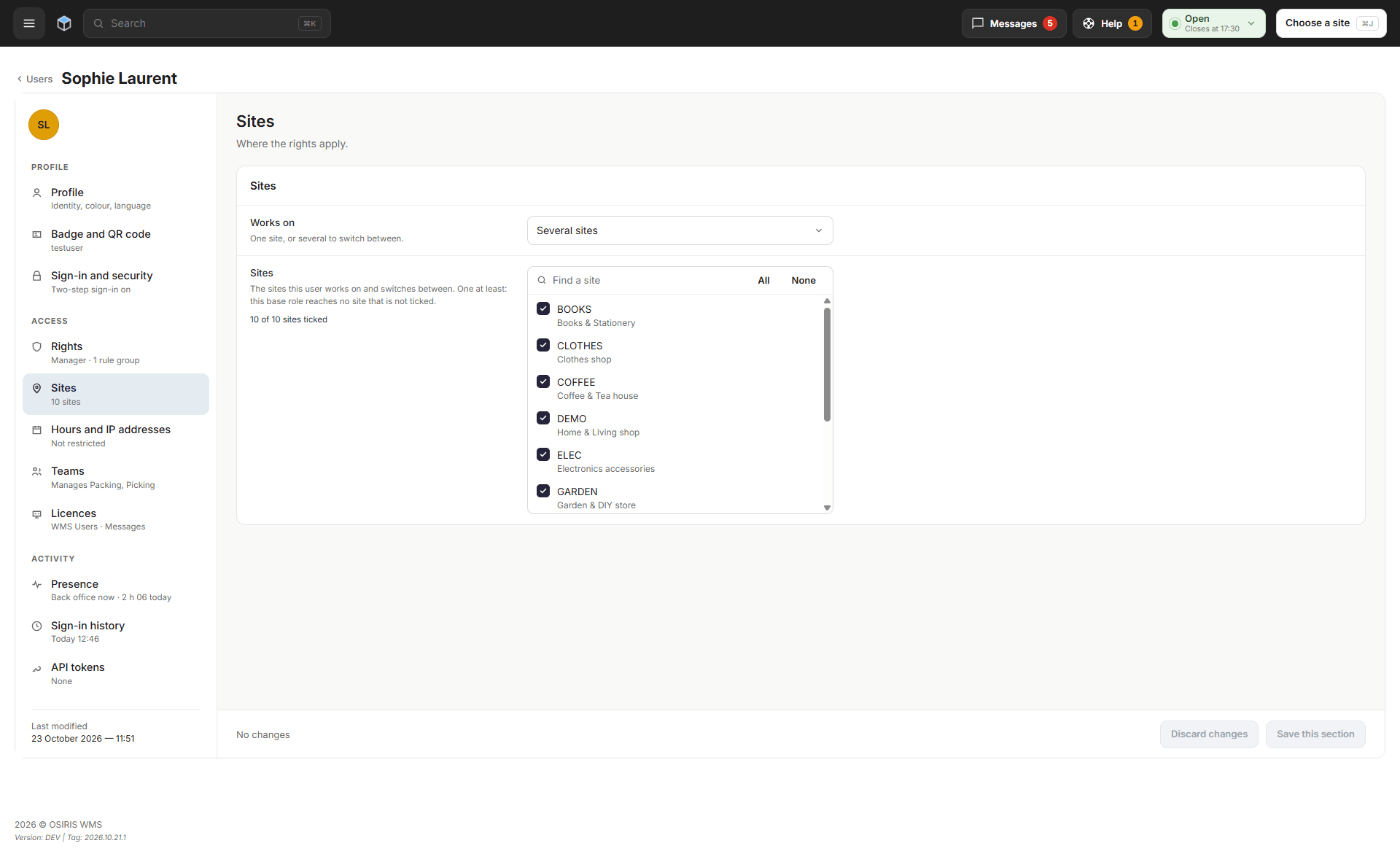 A user's Sites section with the sites ticked
