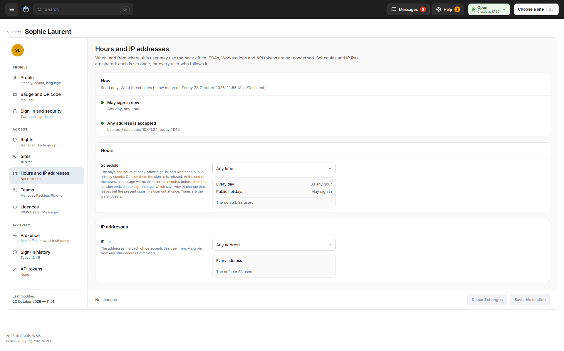A user's Hours and IP addresses section, with a schedule and an IP list
