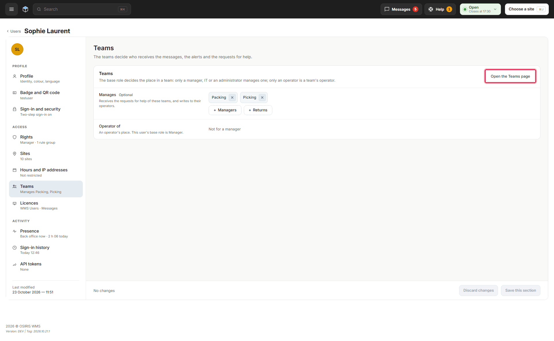 A user's Teams section showing the teams this manager manages