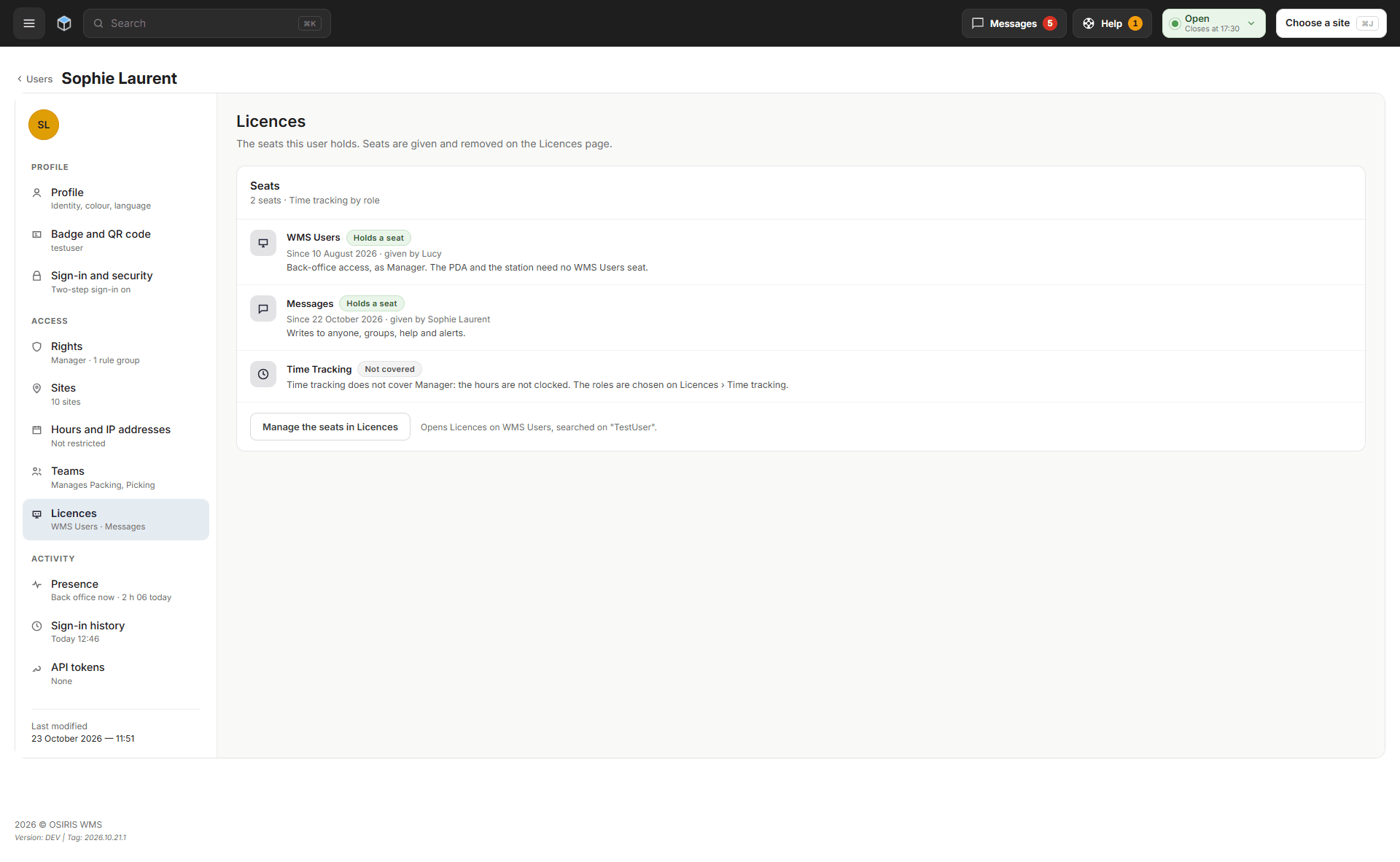 A user's Licences section with the WMS Users and Messages seats