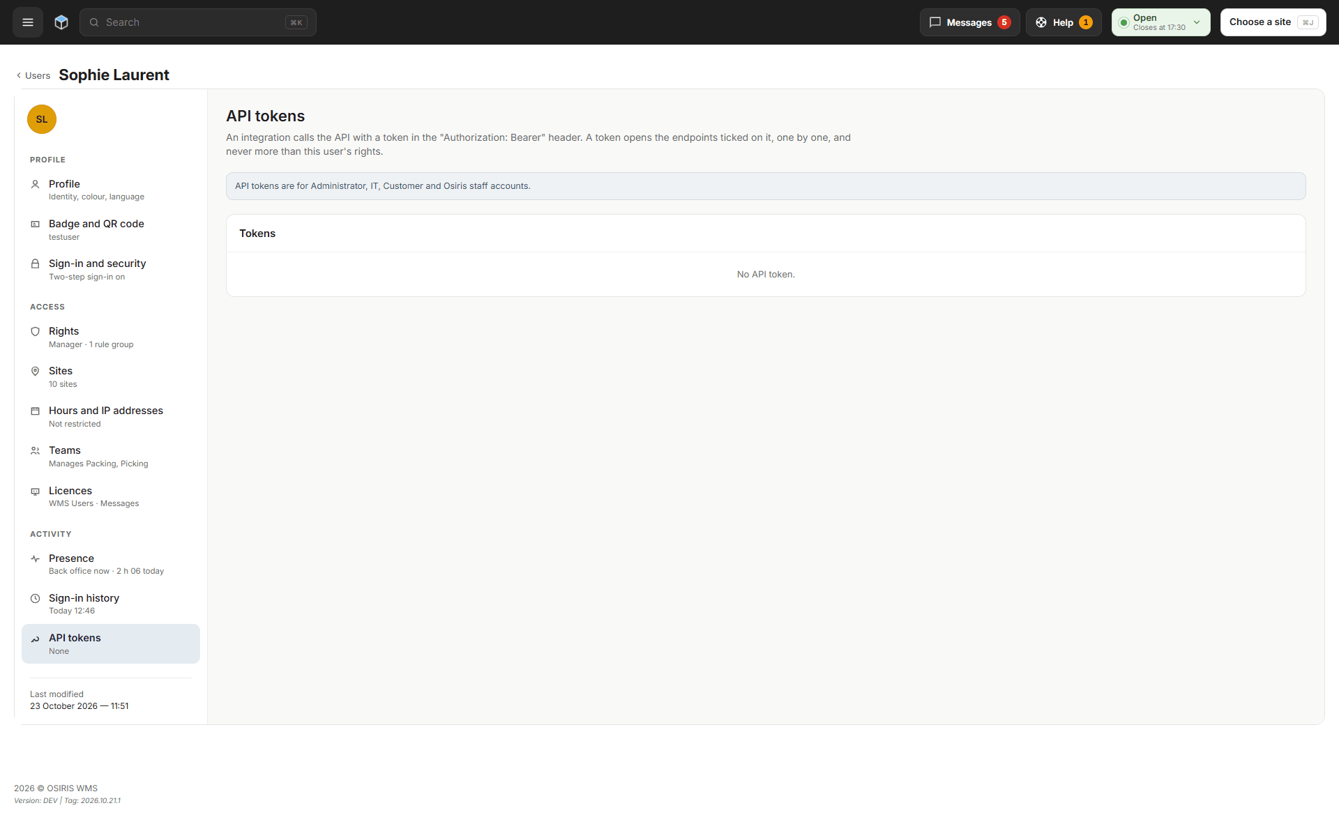 A user's API tokens section, which says API tokens are for Administrator, IT and Customer accounts