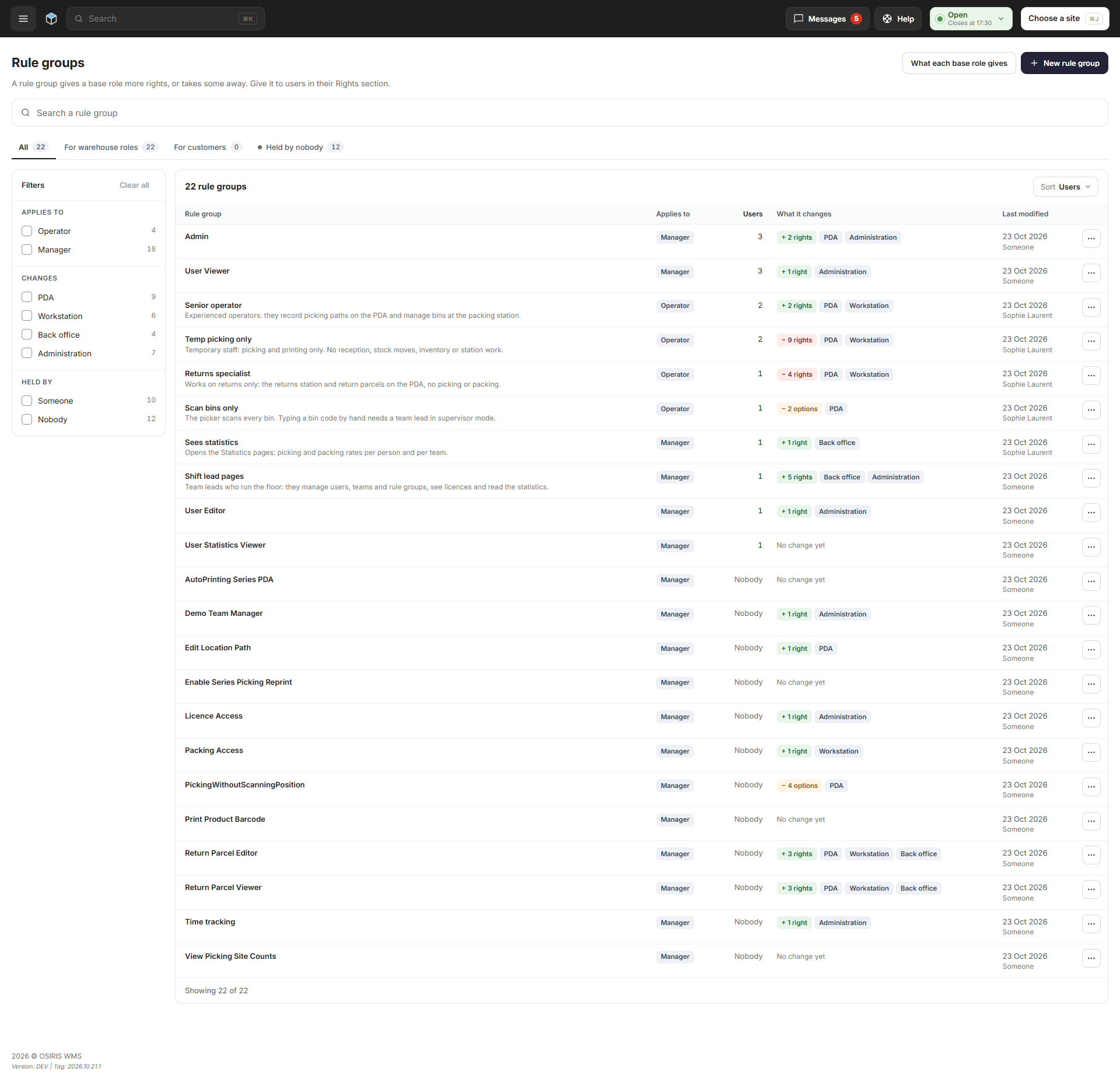 The Rule groups page listing each group, who it applies to, how many users hold it and what it changes