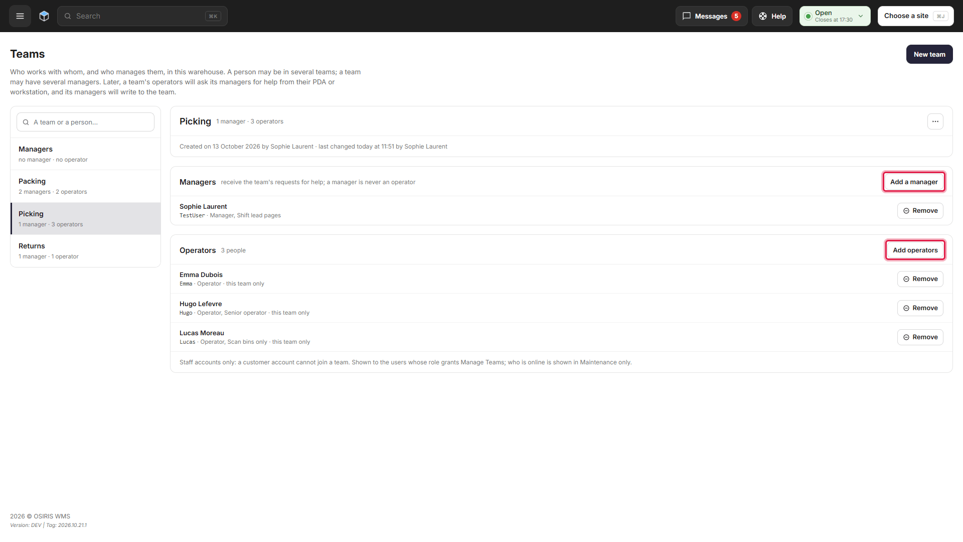 The Teams page with the Picking team, its manager and its three operators