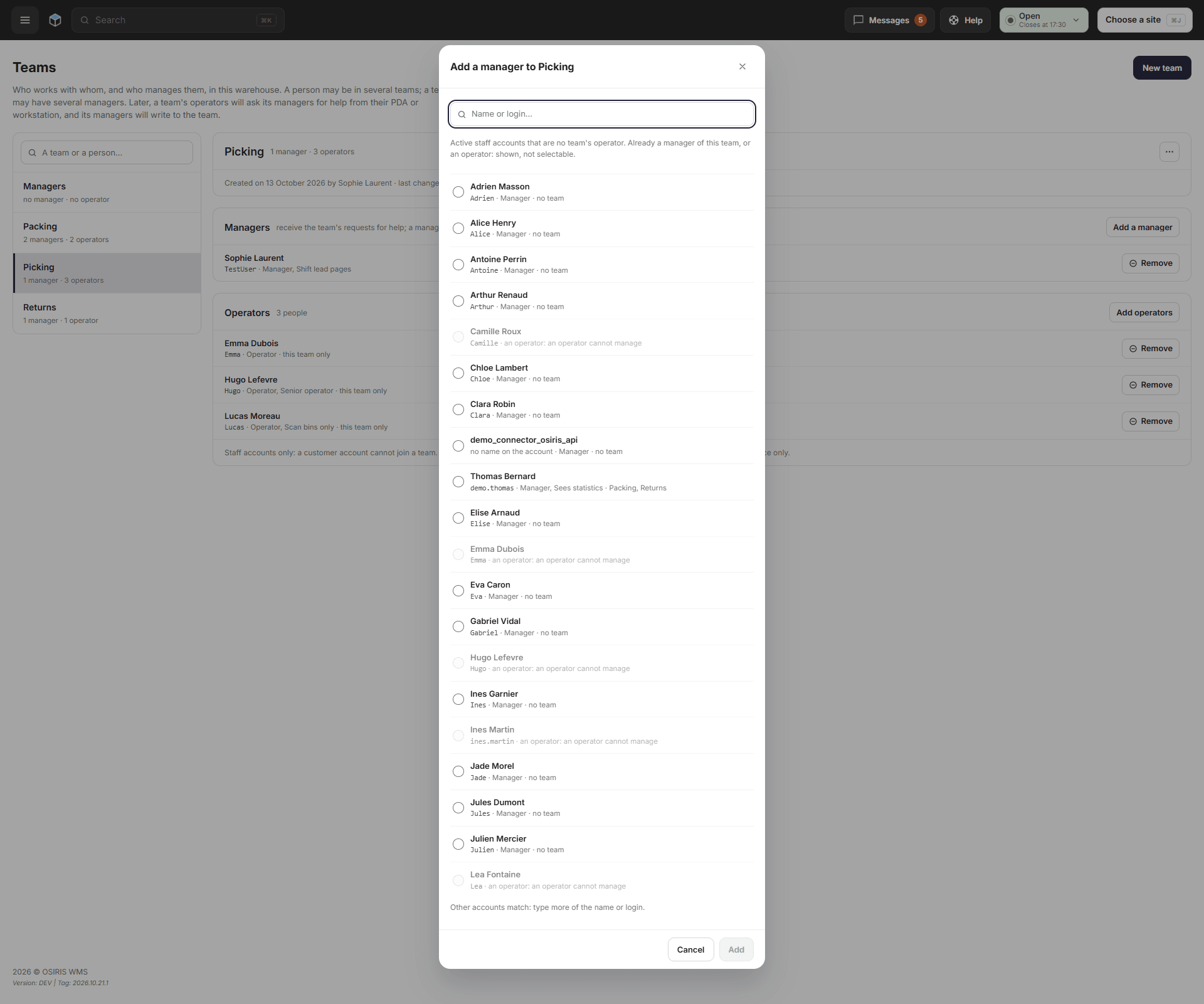 The Add a manager to Picking window, listing the staff accounts that can be chosen