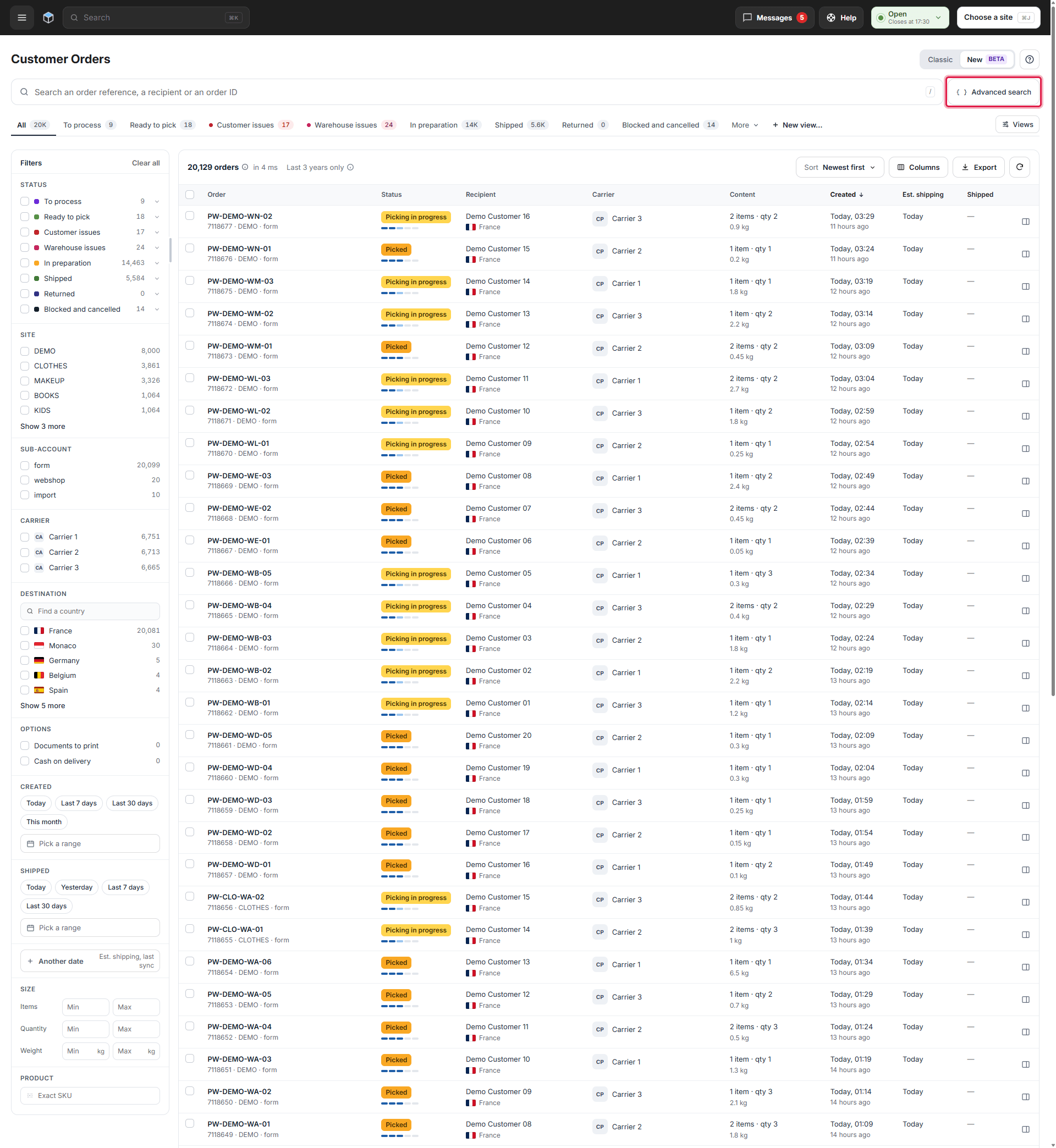 The Customer Orders page with the Advanced search button