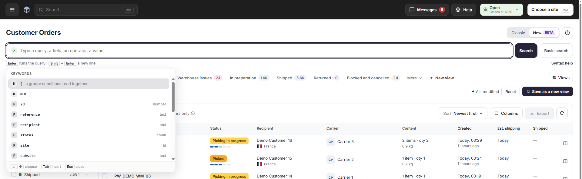Advanced search open, suggesting keywords and fields as you type a query
