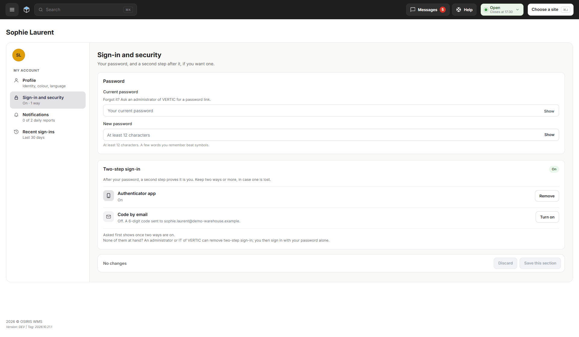 My Account, Sign-in and security, with the password and Two-step sign-in using an authenticator app or a code by email