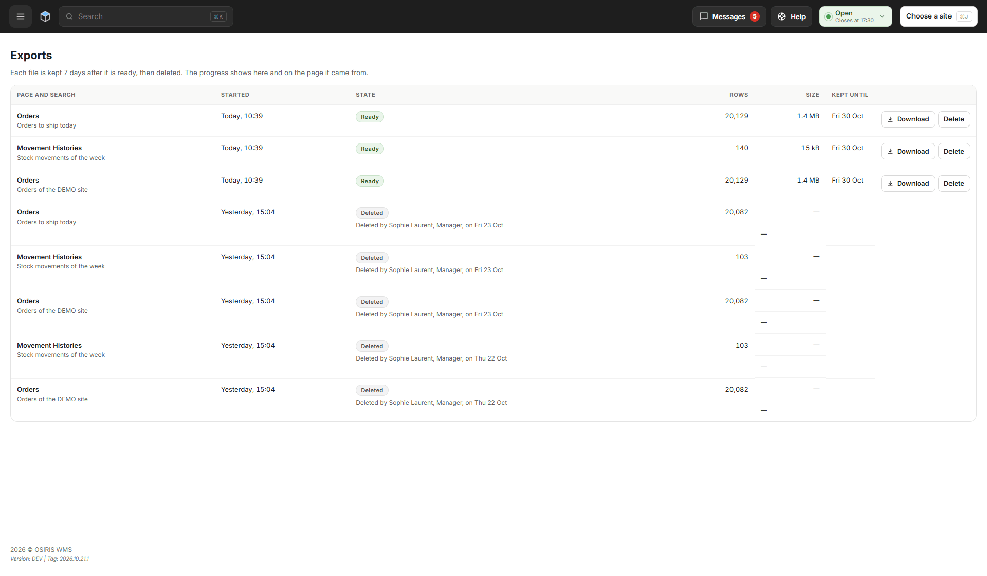 The Exports page with ready files to download and deleted ones