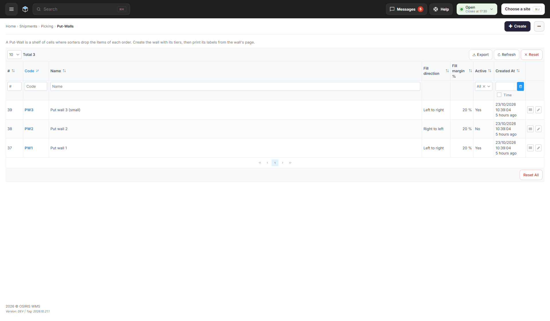 The Put-Walls page listing three walls with their fill direction, fill margin and status