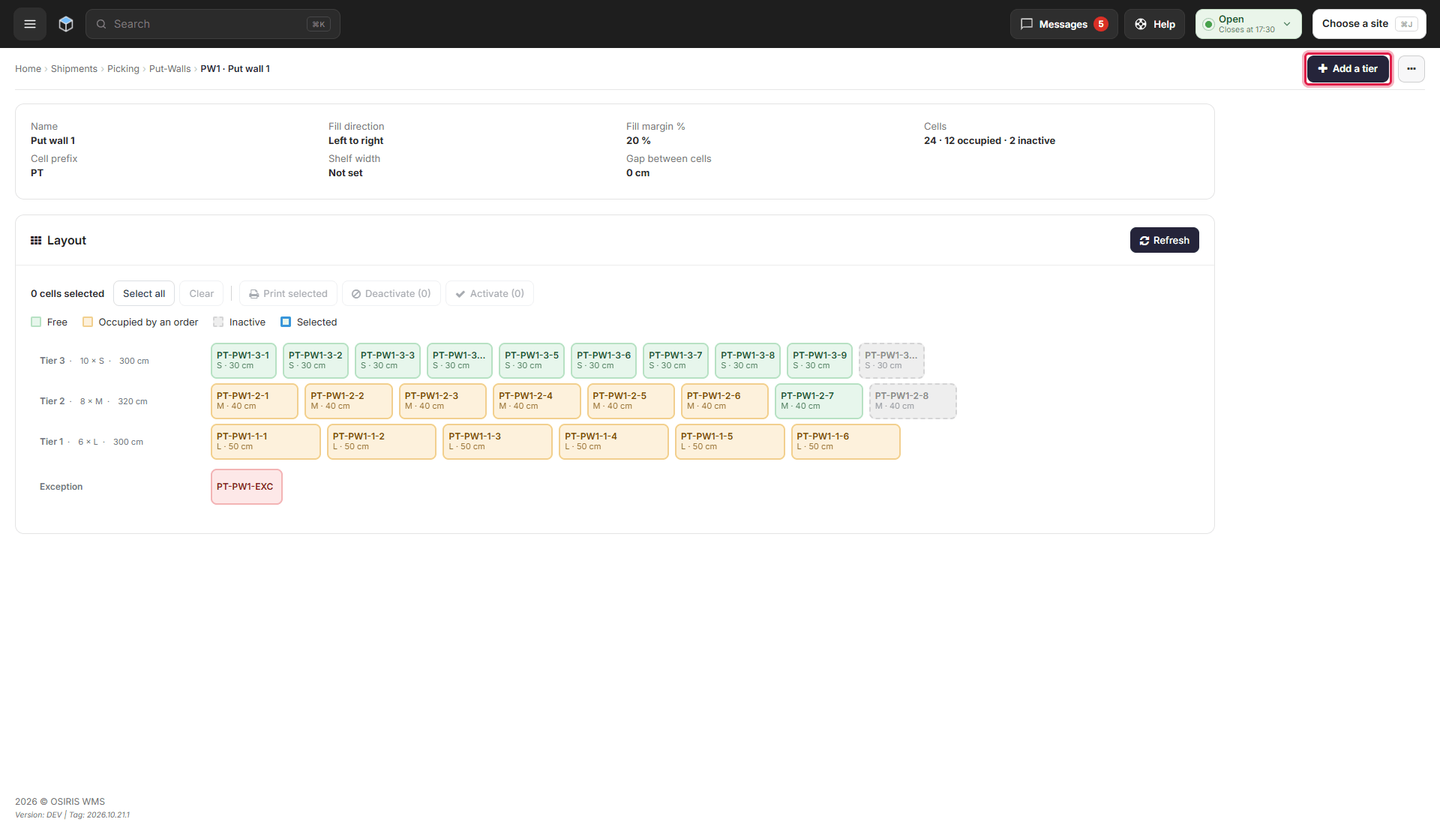 The page of wall PW1 with its three tiers of cells, free, occupied and inactive, its exception cell and the Add a tier button