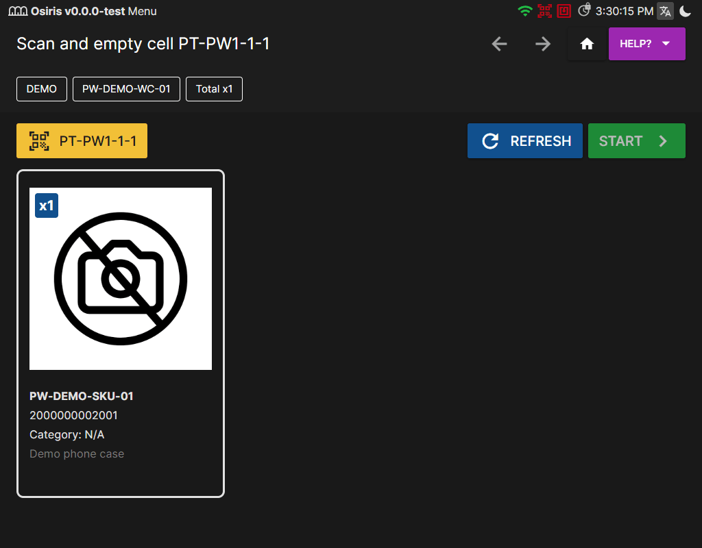 The packing station asking to scan and empty cell PT-PW1-1-1, with Refresh and Start