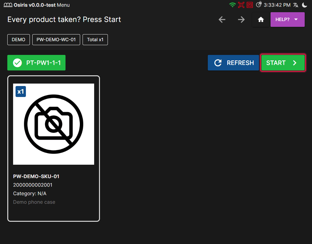 The packing station after the cell is scanned, asking Every product taken? Press Start