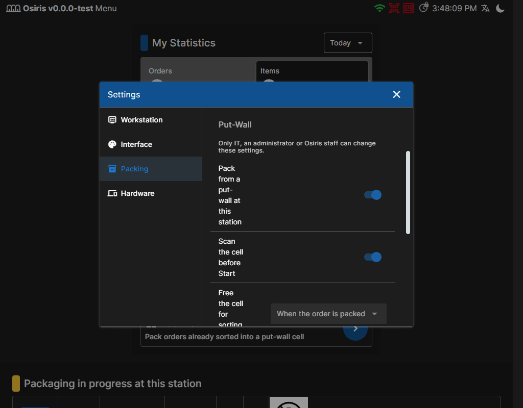 The packing station Settings, Packing tab, with the Put-Wall group