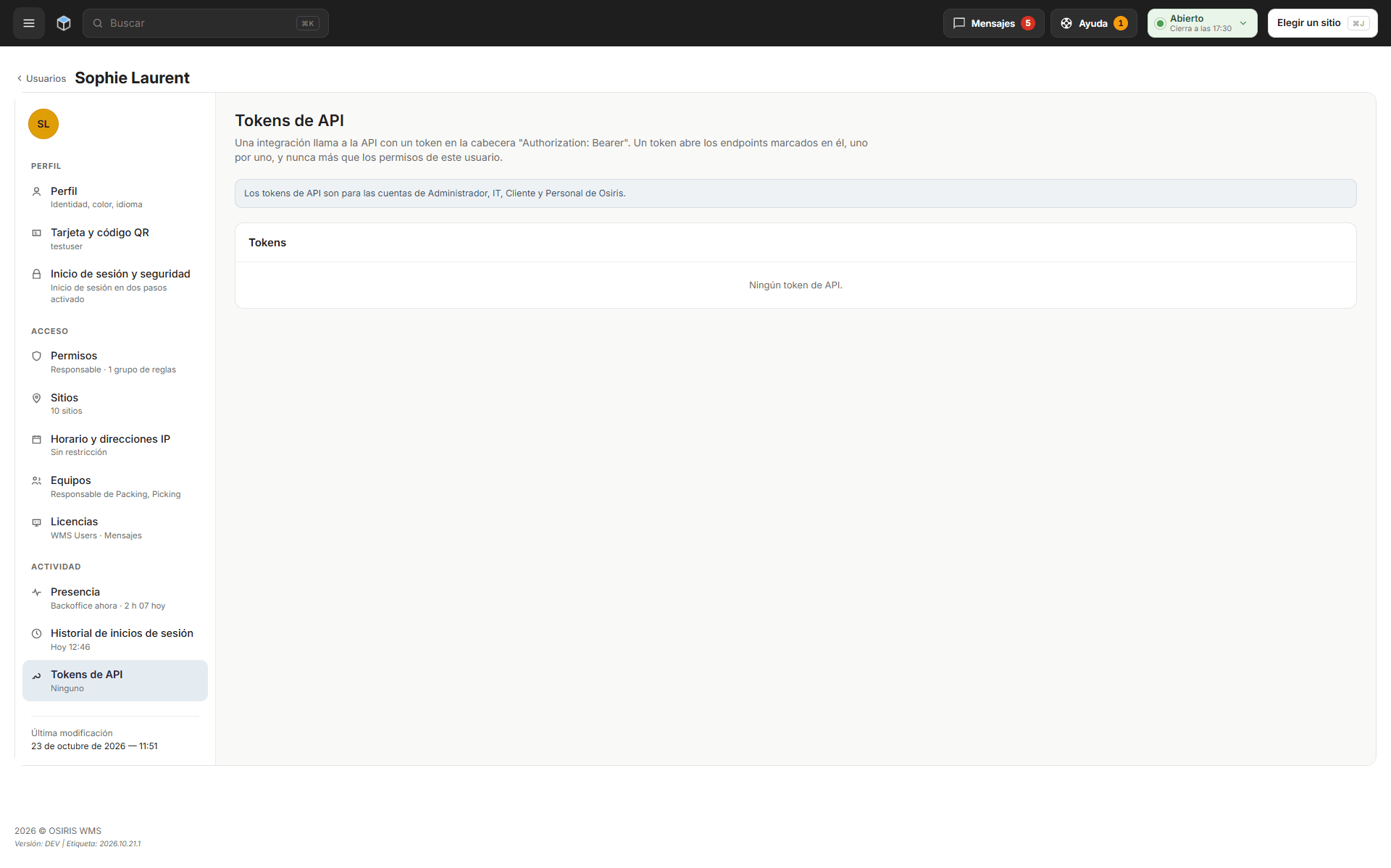 La sección Tokens de API de un usuario, que indica que los tokens de API son para las cuentas Administrador, IT y Cliente