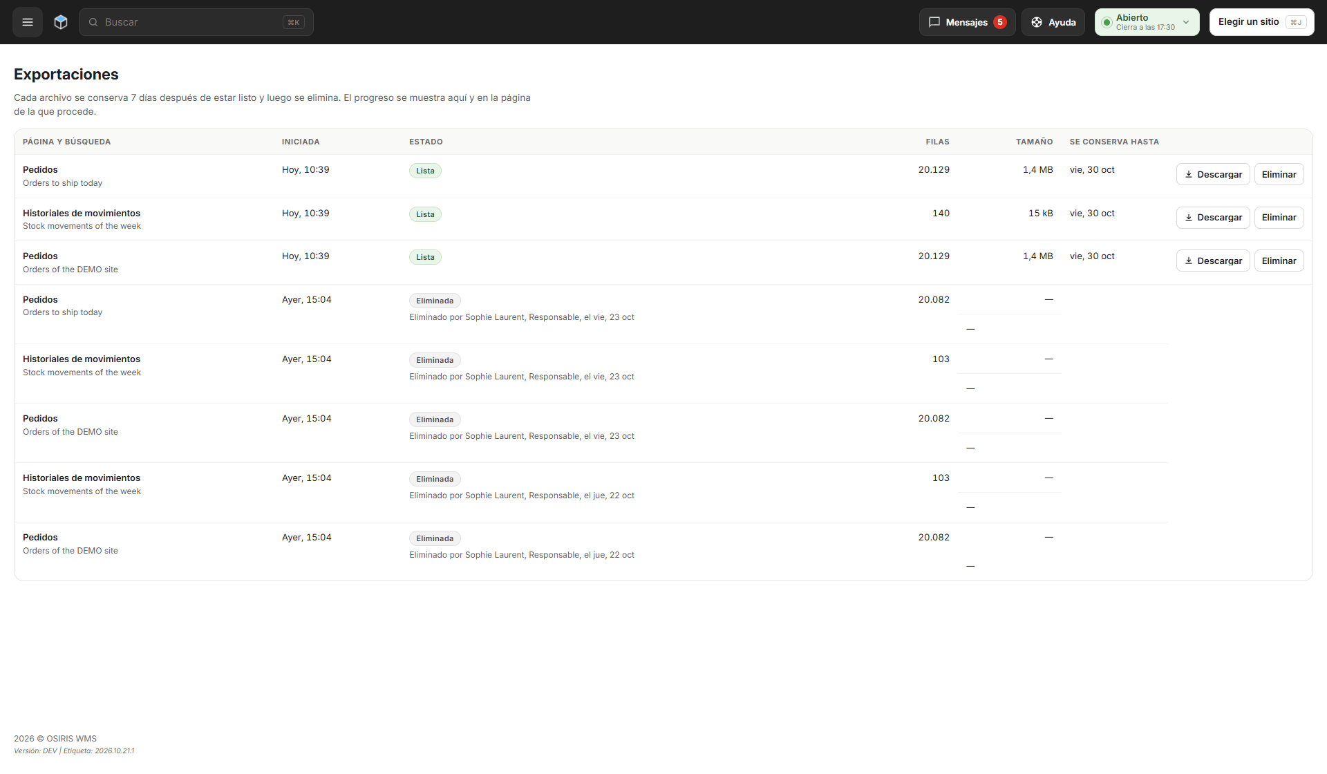 La página Exportaciones con archivos listos para descargar y otros eliminados