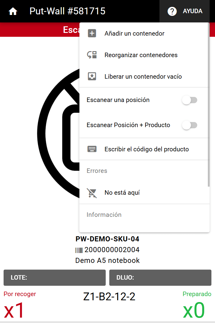 El menú AYUDA de la PDA durante el picking, con Añadir un contenedor, Reorganizar contenedores, Liberar un contenedor vacío, Escribir el código del producto y No está aquí
