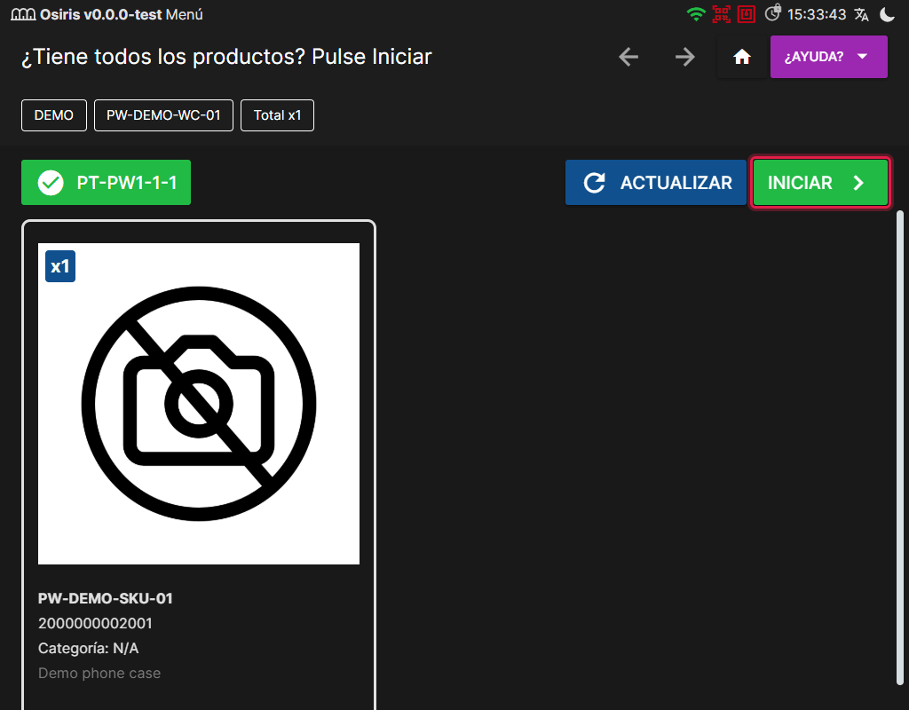 El puesto de embalaje tras escanear la celda, con el mensaje ¿Tiene todos los productos? Pulse Iniciar