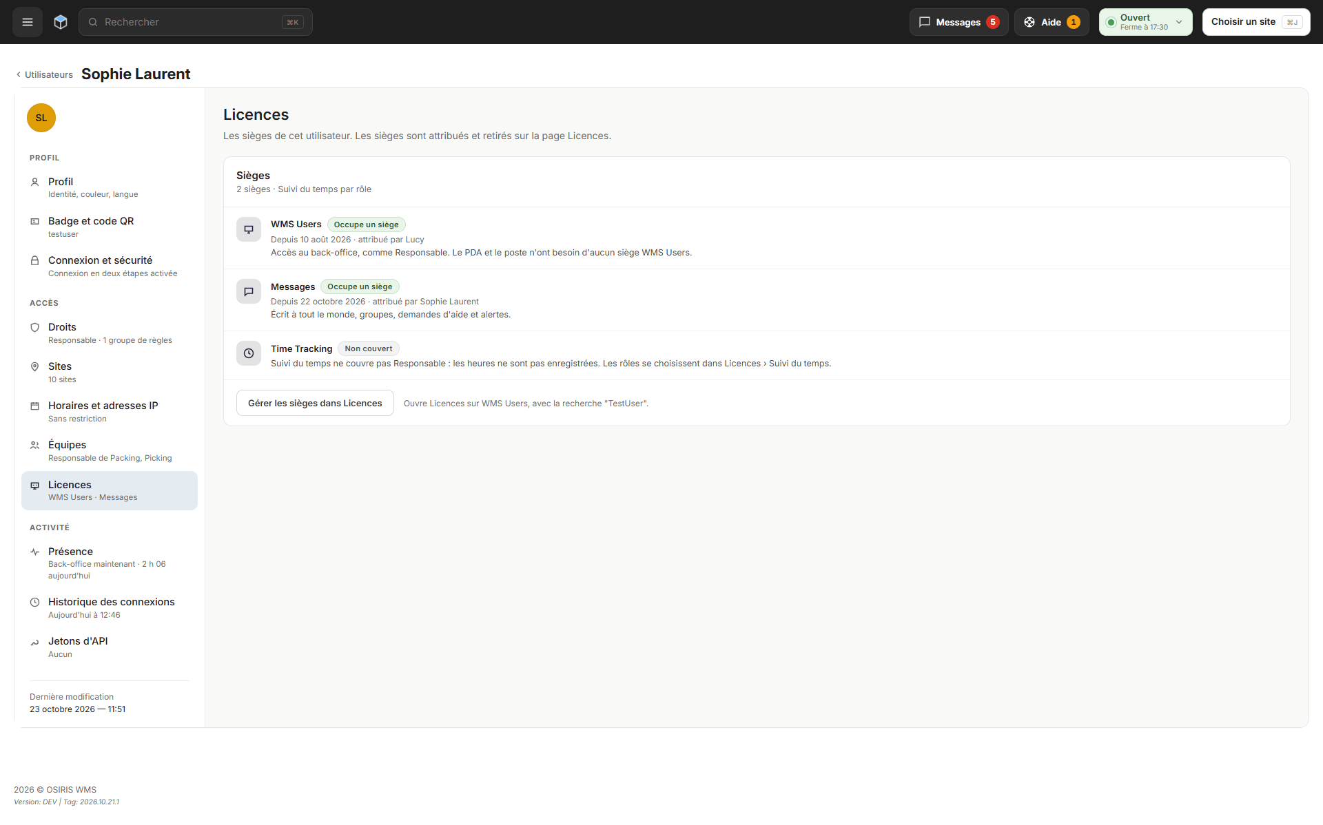 La section Licences d'un utilisateur avec les sièges WMS Users et Messages