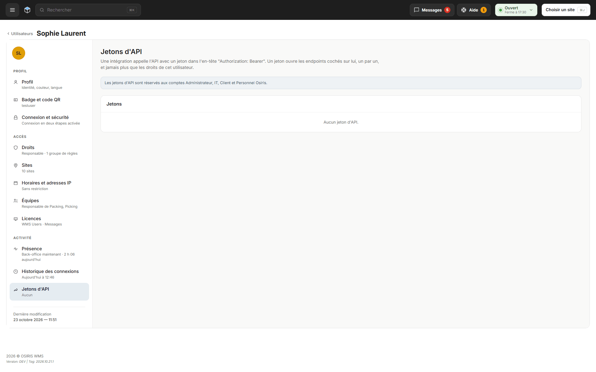 La section Jetons d'API d'un utilisateur, qui indique que les jetons d'API sont réservés aux comptes Administrateur, IT et Client