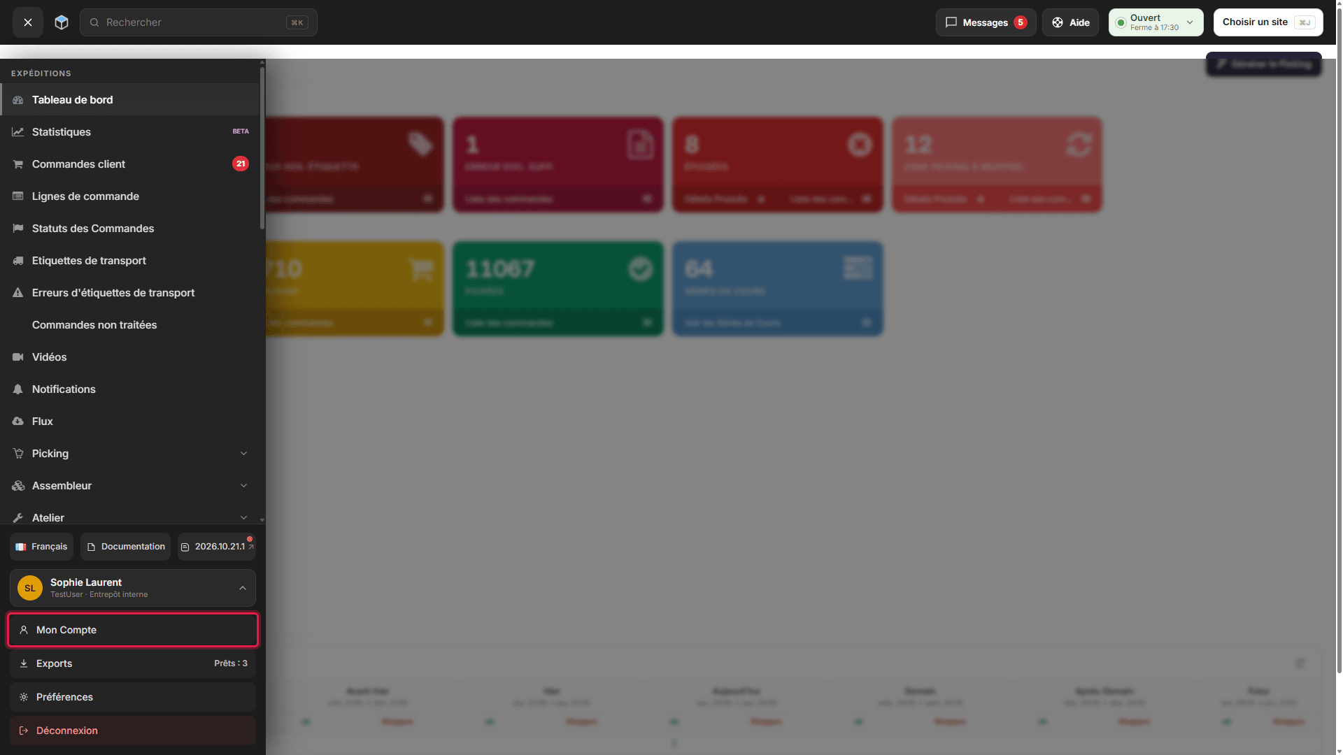 Le menu du compte avec Mon Compte, Exports, Préférences et Déconnexion