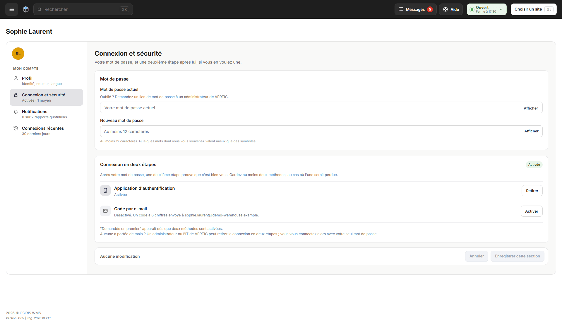 Mon Compte, Connexion et sécurité, avec le mot de passe et la connexion en deux étapes par application d'authentification ou par code par e-mail