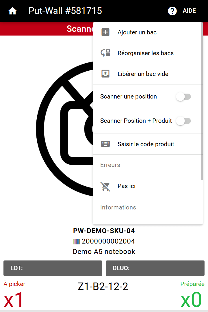 Le menu AIDE du PDA pendant le picking, avec Ajouter un bac, Réorganiser les bacs, Libérer un bac vide, Saisir le code produit et Pas ici