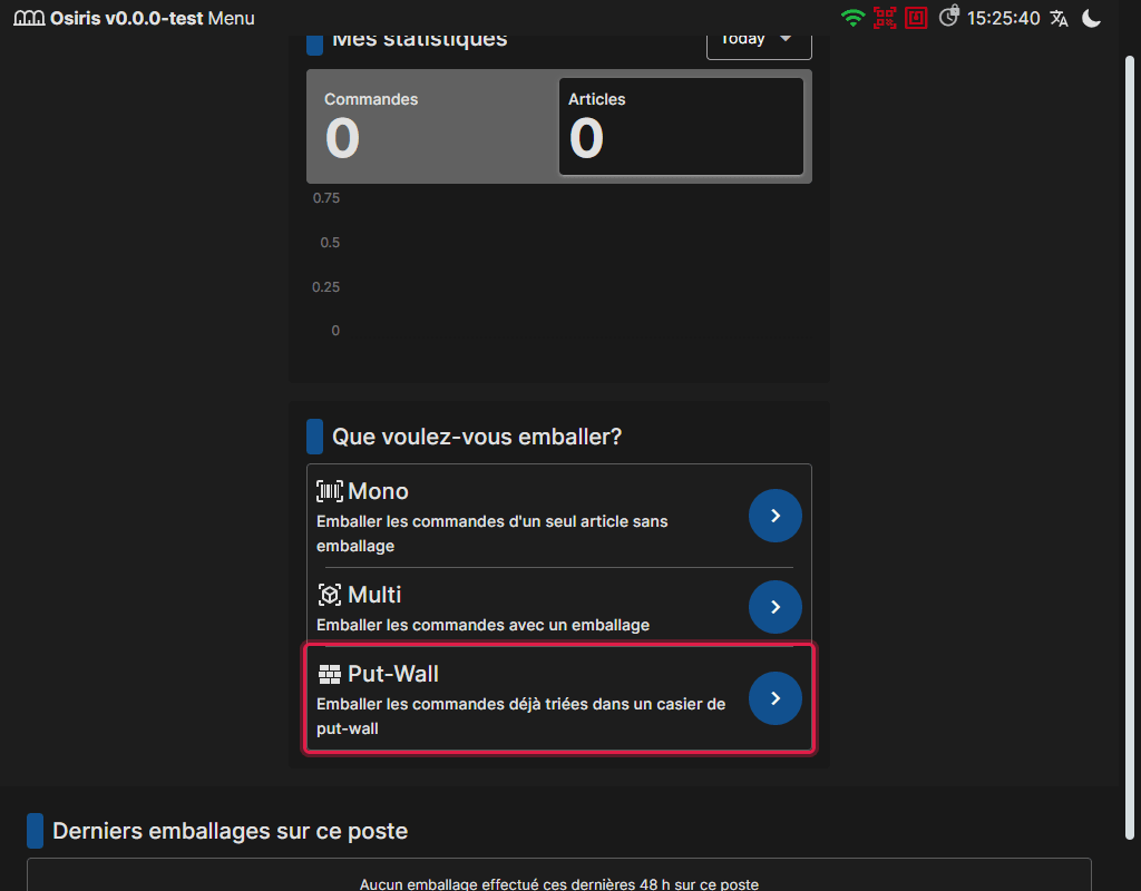L'écran Accueil du poste d'emballage avec Mono, Multi et le nouveau choix Put-Wall