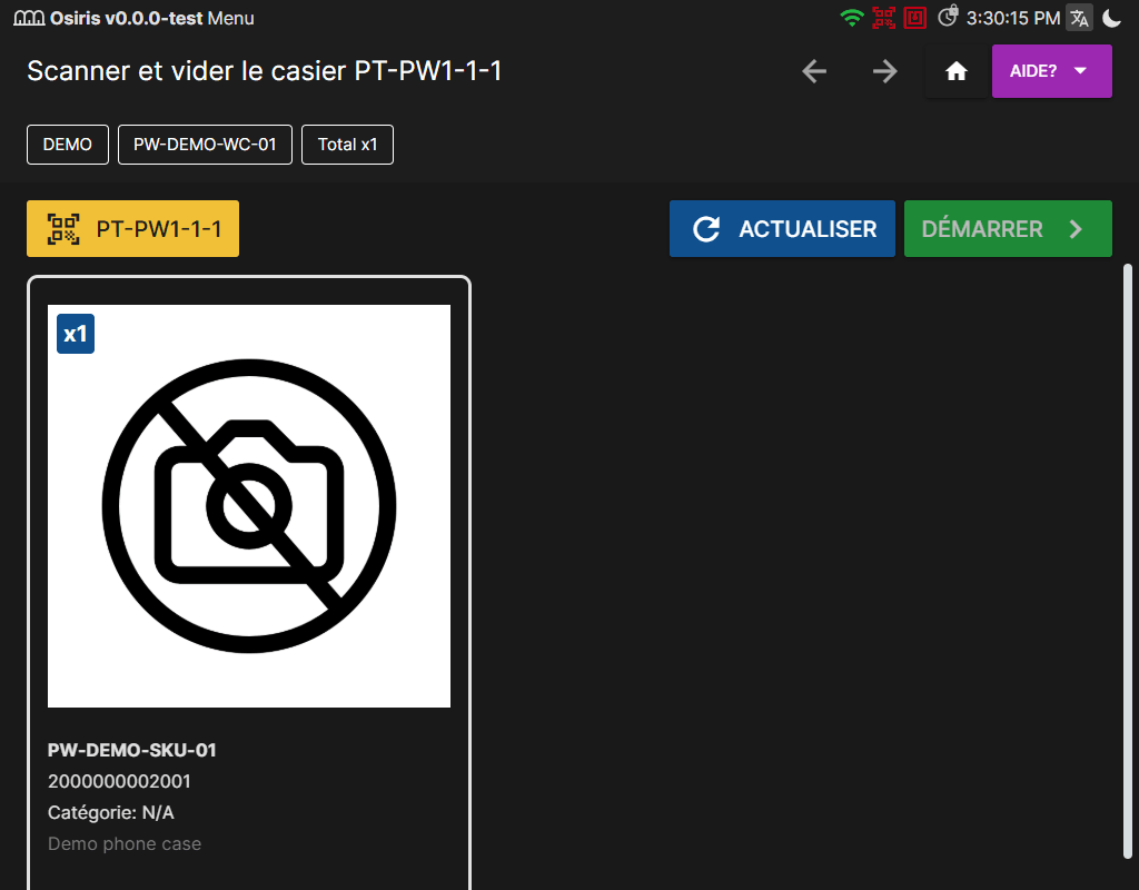 Le poste d'emballage demandant de scanner et vider le casier PT-PW1-1-1, avec Actualiser et Démarrer