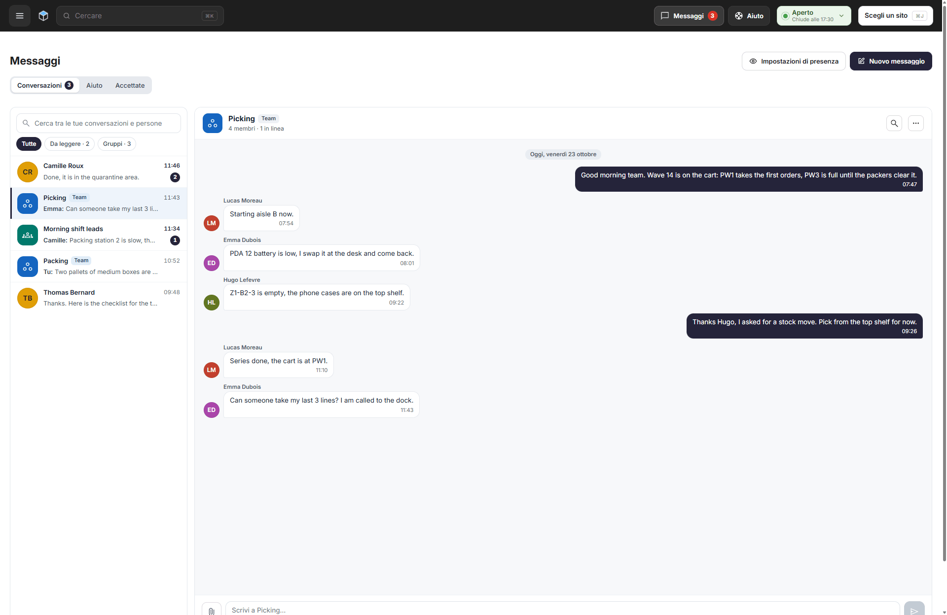 La scheda Conversazioni con aperta la conversazione del team Picking