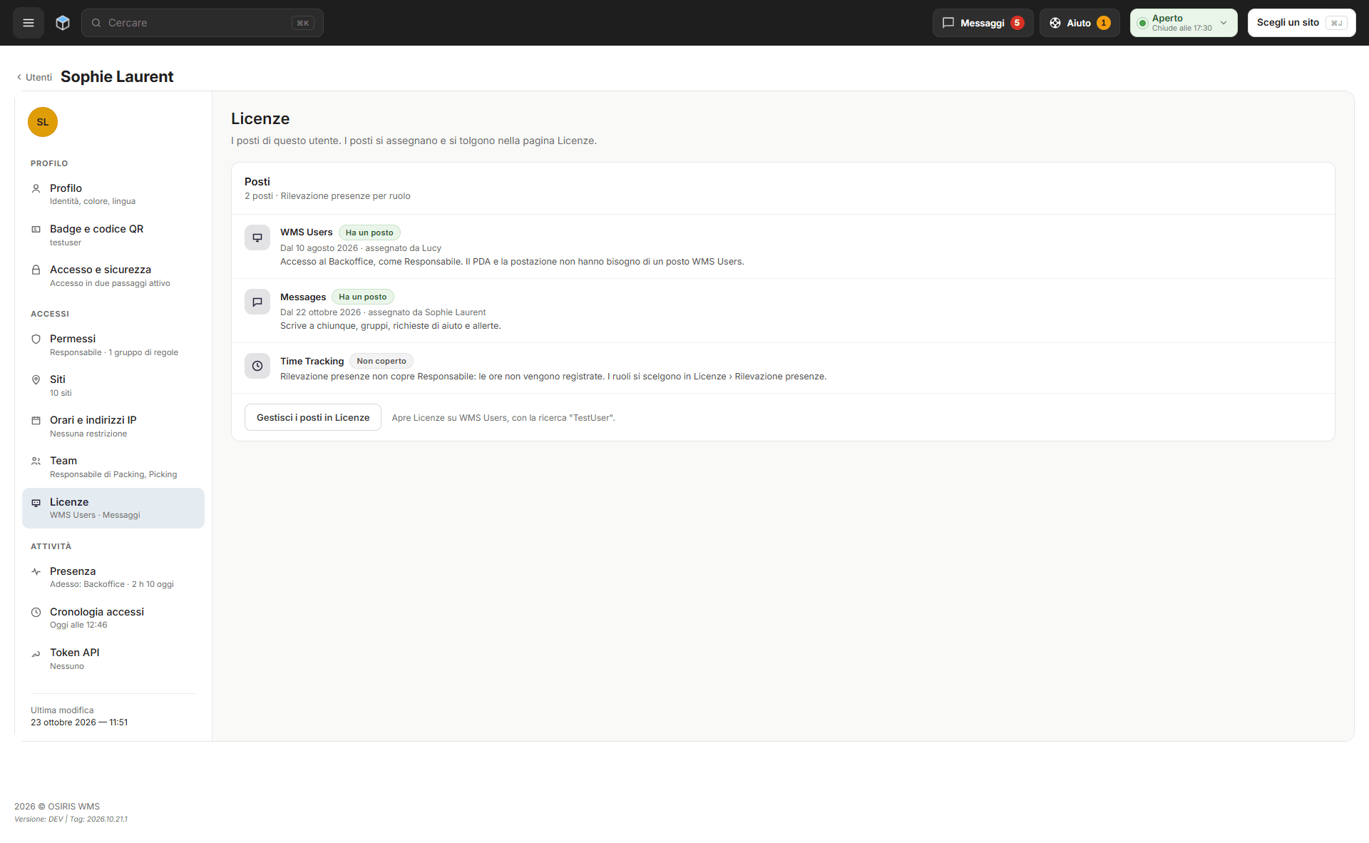 La sezione Licenze di un utente con i posti WMS Users e Messaggi