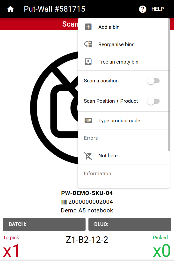 Il menu HELP del PDA durante il picking, con Add a bin, Reorganise bins, Free an empty bin, Type product code e Not here