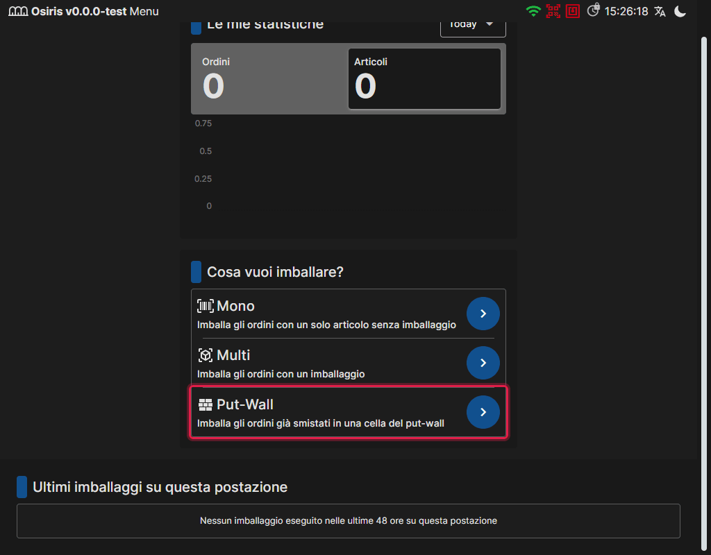 La schermata Home della postazione di imballaggio con Mono, Multi e la nuova scelta Put-Wall