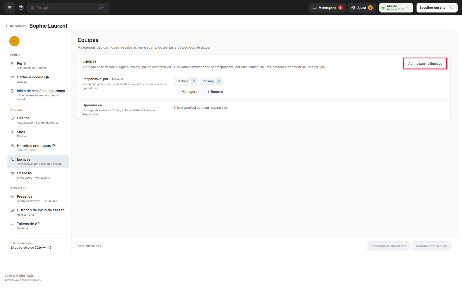 A secção Equipas de um utilizador com as equipas que este responsável gere