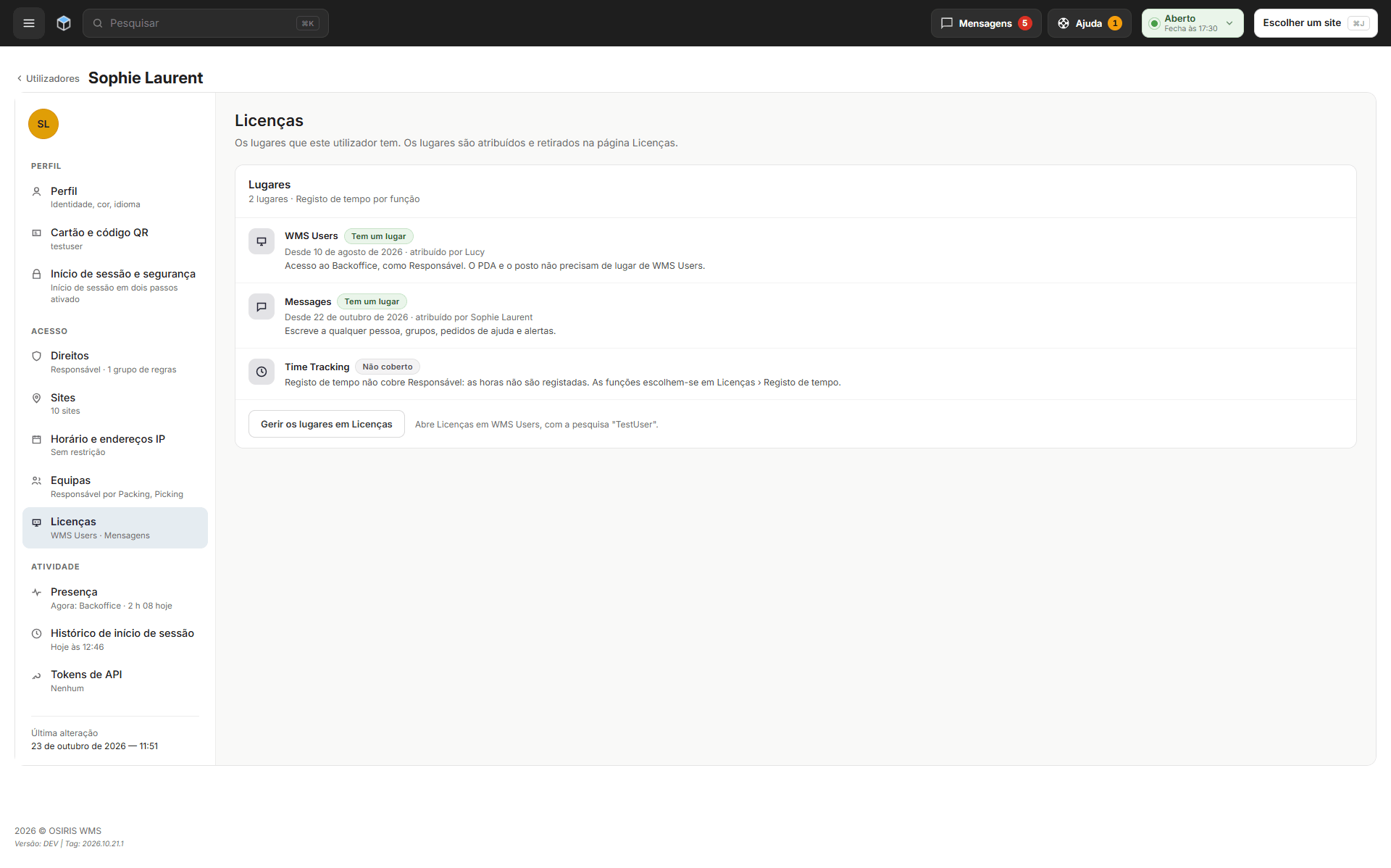A secção Licenças de um utilizador com os lugares WMS Users e Mensagens