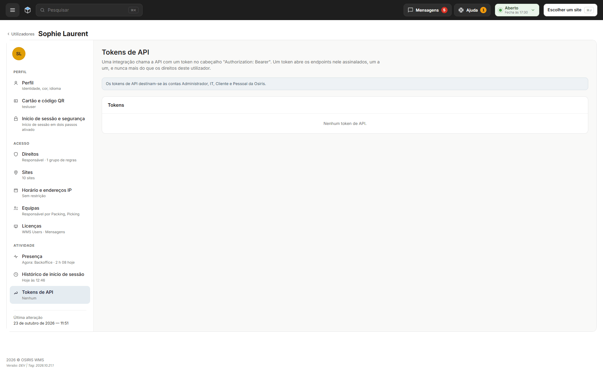 A secção Tokens de API de um utilizador, que indica que os tokens de API são para contas Administrador, IT e Cliente