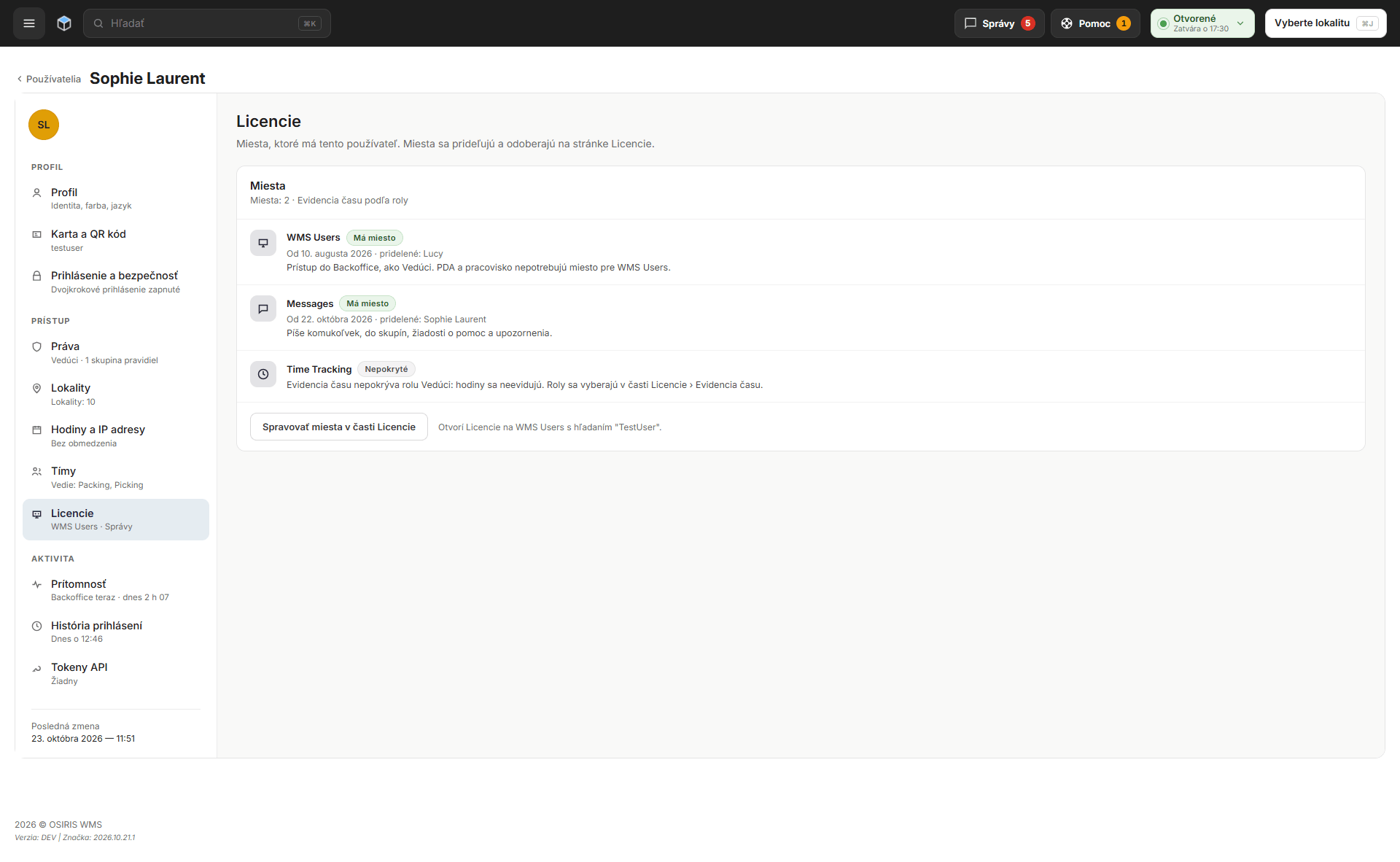 Sekcia Licencie používateľa s miestami WMS Users a Správy